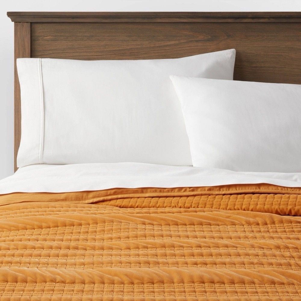 Threshold Full/Queen Lofty Velvet Quilt Dark Gold Machine Washable